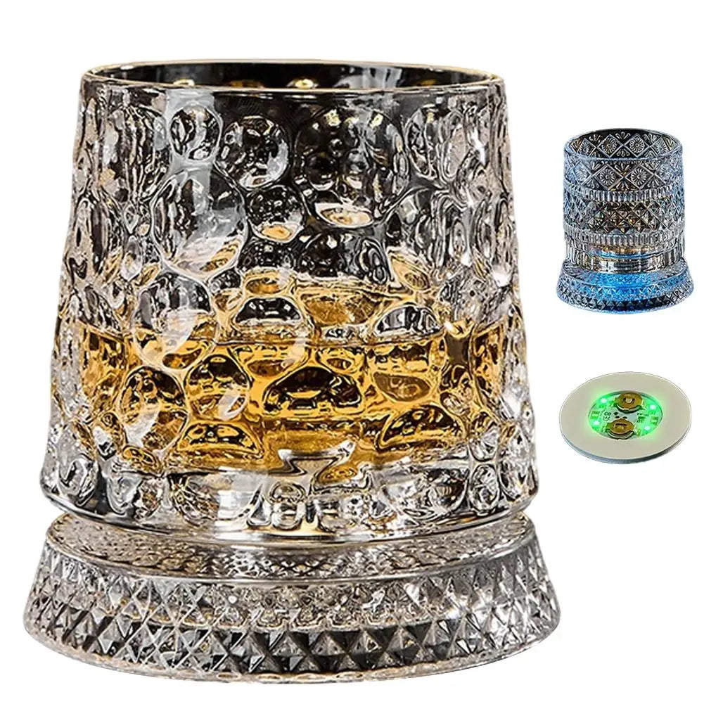 Veltora 260ML rotating whiskey glass with crystal design, straight drink mold, and base for whiskey, beer, or liquor.