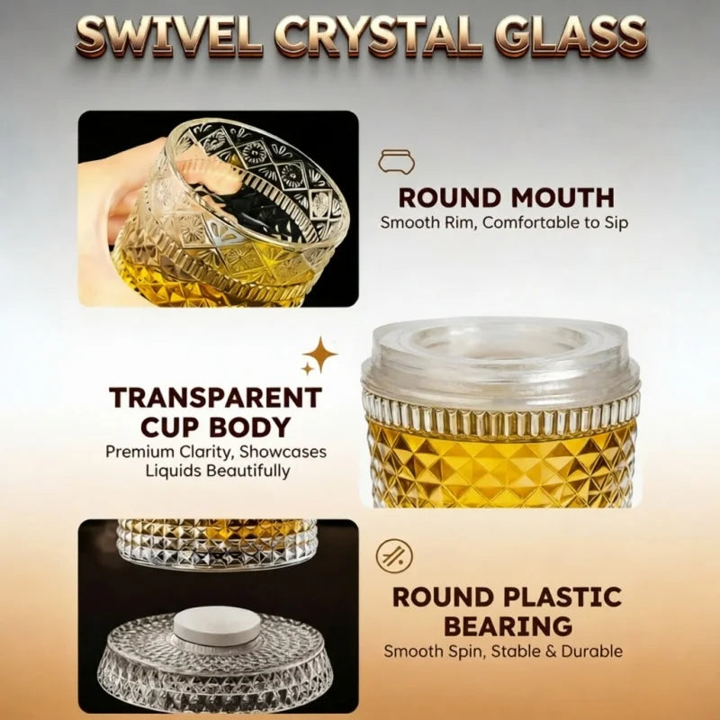 Veltora 280ml rotating crystal whiskey glass with intricate design, ideal for rum, cocktails, and premium drinking experiences