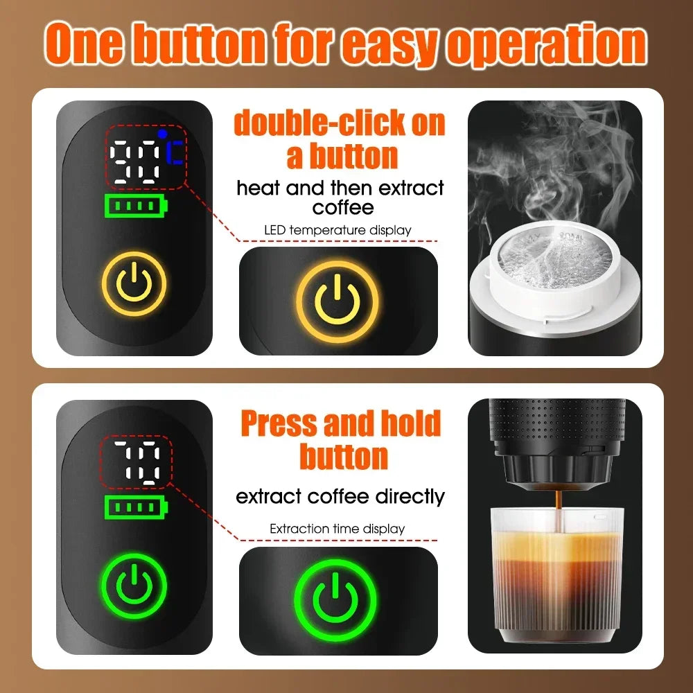 Veltora DENOKIN portable espresso coffee machine with digital display, 3-in-1 capsule coffee maker for car, home, and camping use.