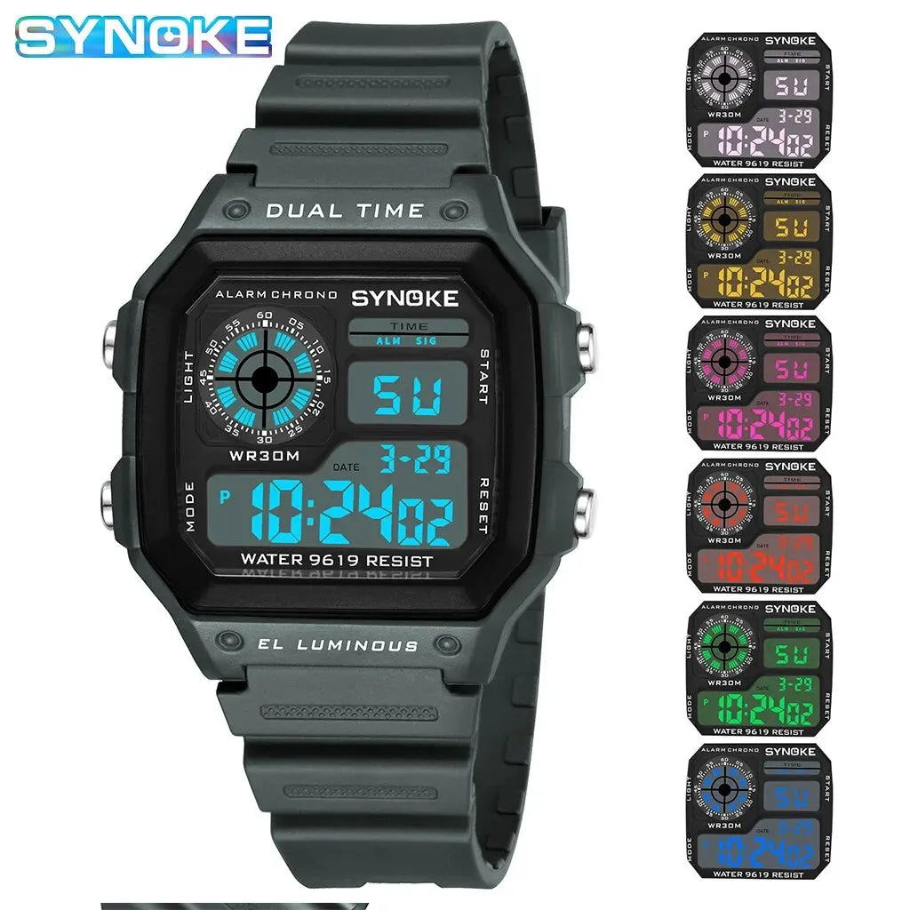 Veltora SYNOKE digital sports wristwatch with luminous display, waterproof design, multifunction features for men and women.