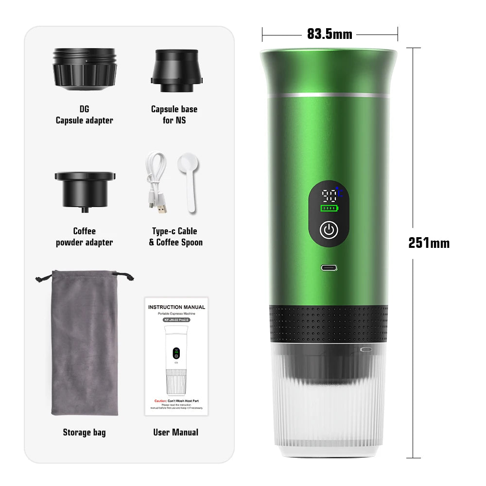 Veltora DENOKIN portable espresso coffee machine with digital display, 3-in-1 capsule coffee maker for car, home, and camping use