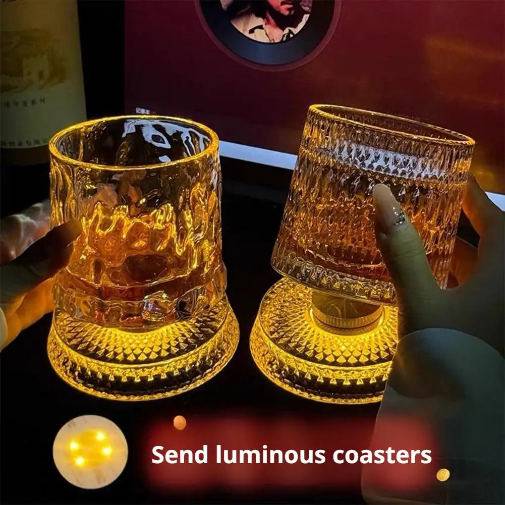 Veltora 260ML rotating whiskey glass with crystal design, straight drink mold, and sturdy base, ideal for liquor and beer.