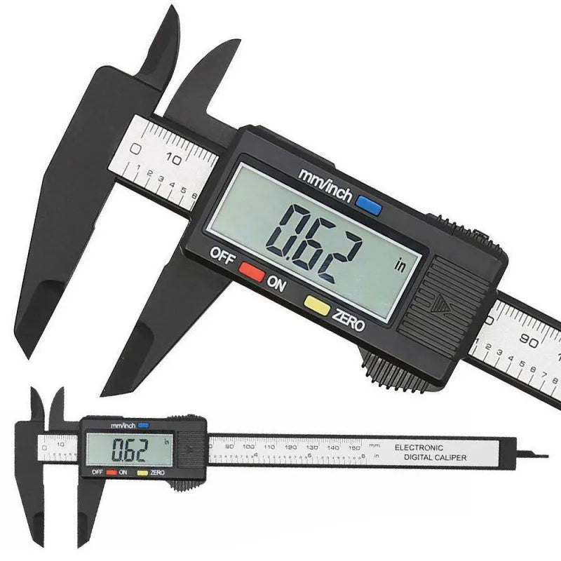 Veltora 150mm digital caliper with carbon fiber body, LCD display, and vernier scale for precise measurement of tools and materials.
