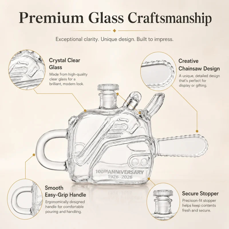 Veltora chainsaw-shaped glass whiskey decanter, commemorative 100th anniversary liquor bottle with industrial design and empty spirits carafe