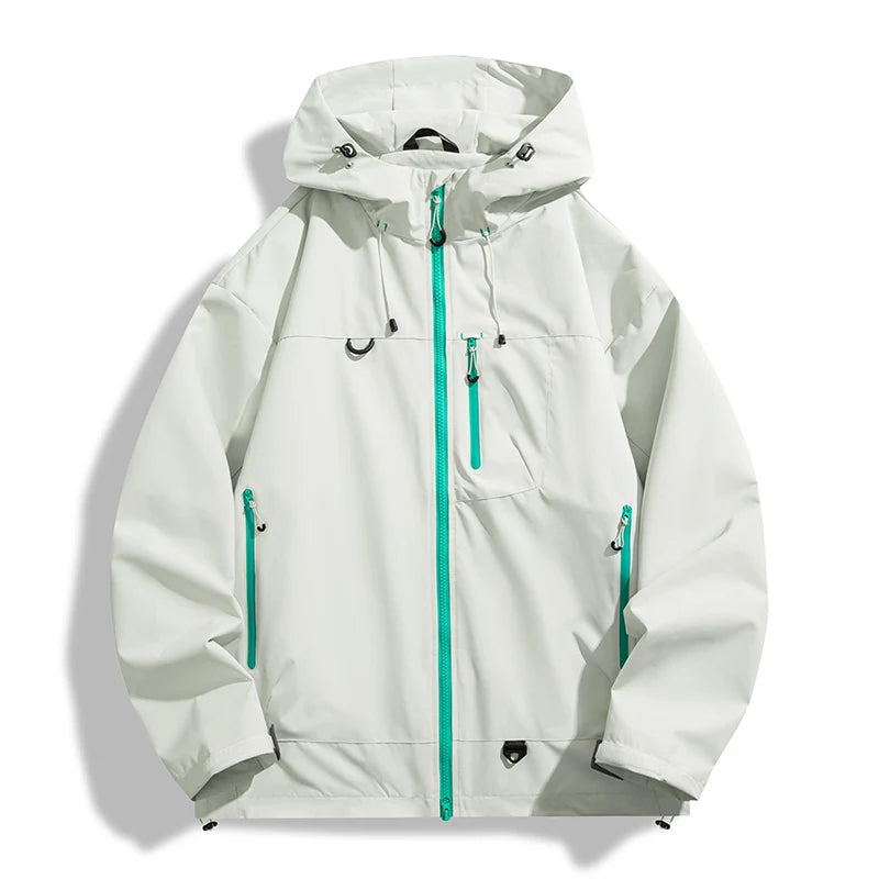 Veltora unisex waterproof hiking jacket with hood, suitable for outdoor activities like camping, climbing, and fishing.