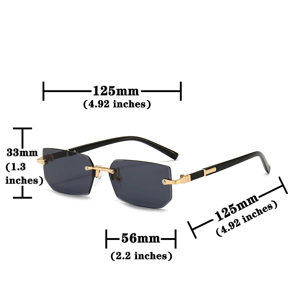 Veltora rimless rectangular sunglasses for women and men, small square style, perfect for summer travel and outdoor wear.