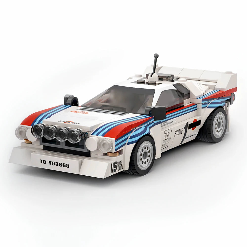 Veltora 244-piece Lancia Rally 037 Martini Racing building blocks set featuring detailed toy car model for kids and collectors.