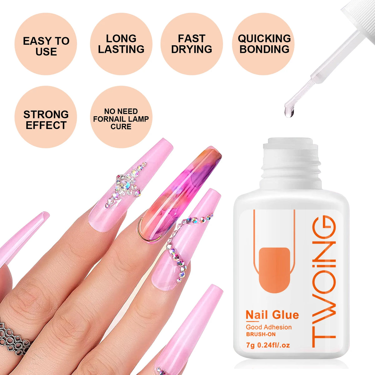 Veltora 7g super strong nail glue for false nail tips, acrylic, press-on, and fake nails with lasting adhesion, shown in a small tube.