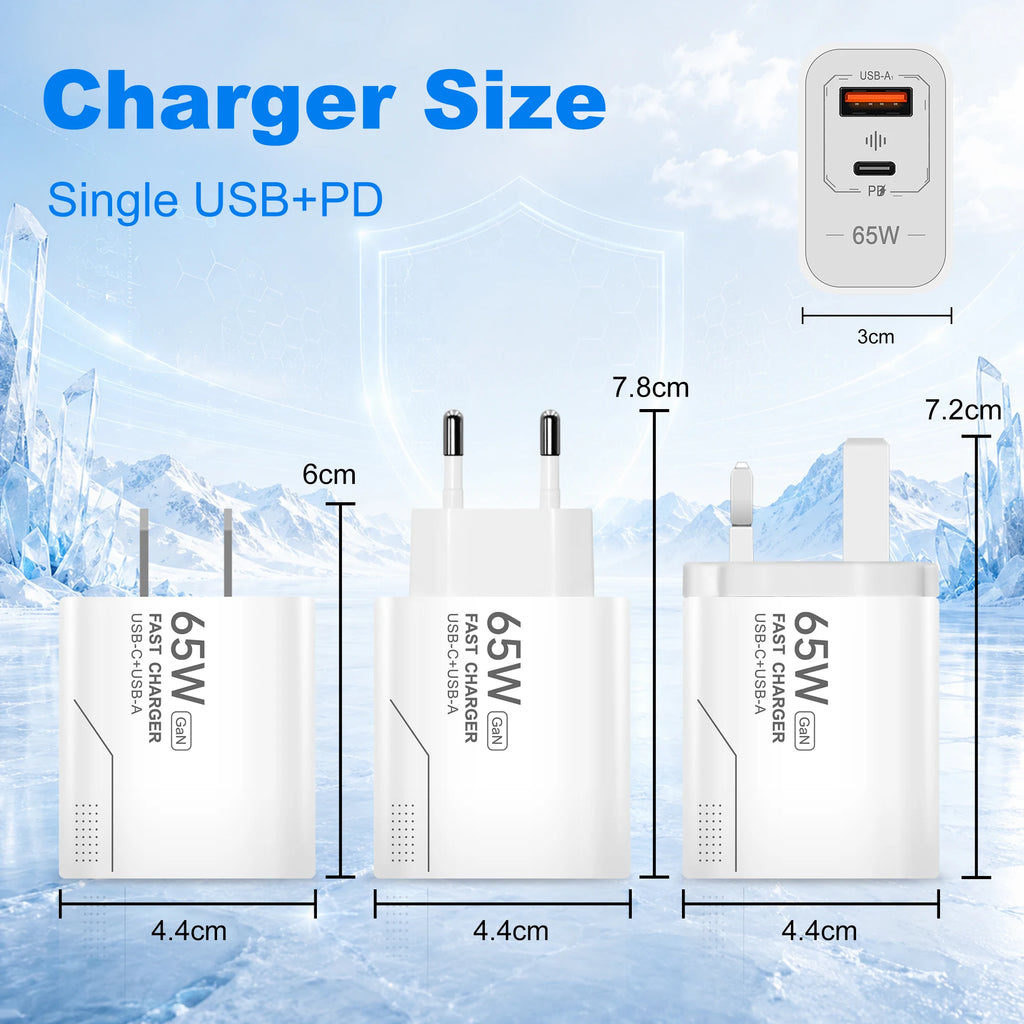 Veltora 65W GaN USB C charger with 2 ports for fast charging phones, includes EU and US plug options, wall power adapter