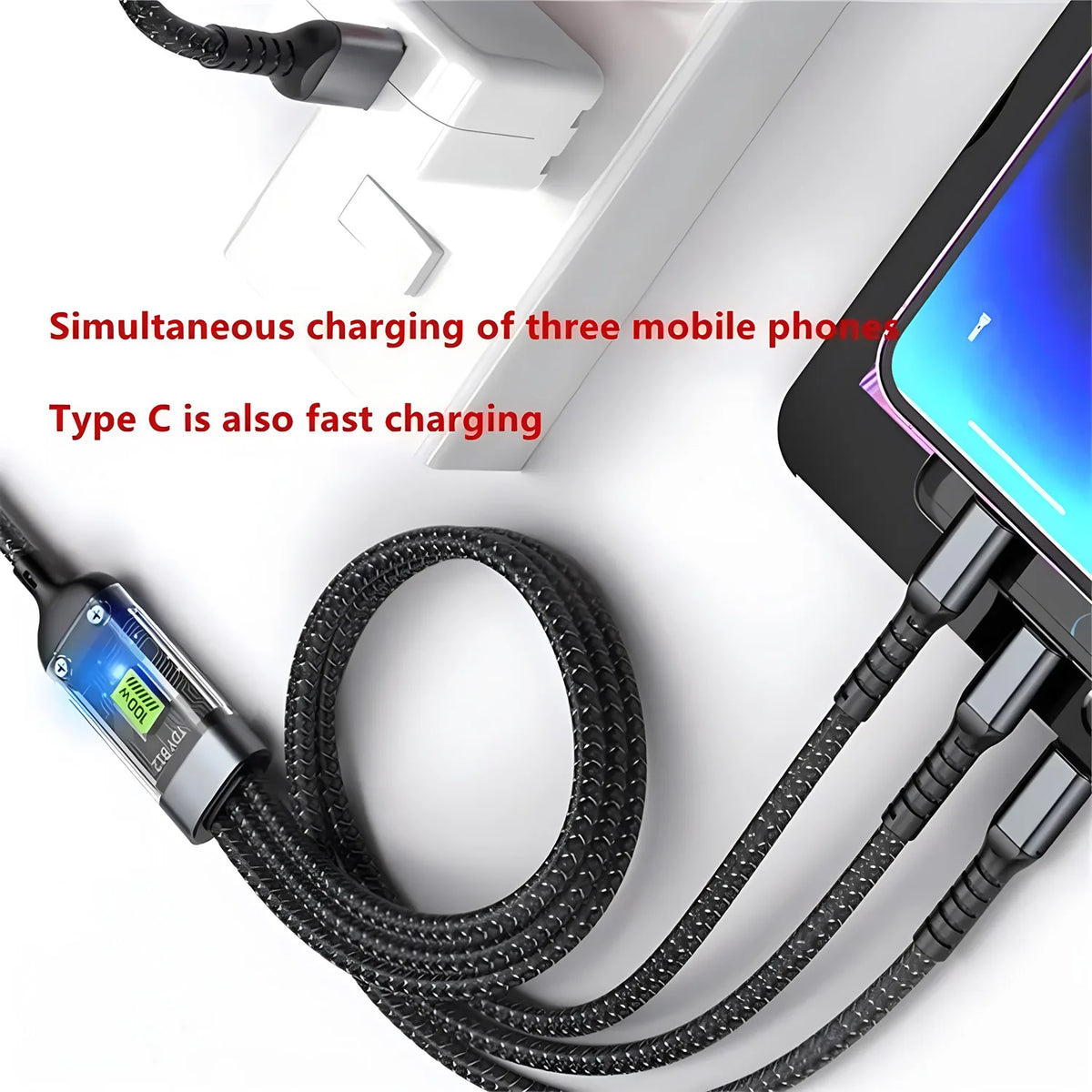 Veltora 100W fast charging cable with nylon braid, 3-in-1 USB multi-charger with Type-C and Micro connectors, black color