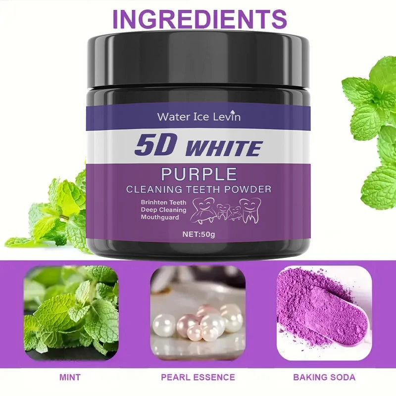 Veltora purple teeth cleaning powder in a jar, showing deep cleaning and whitening effects, portable for daily use and travel.