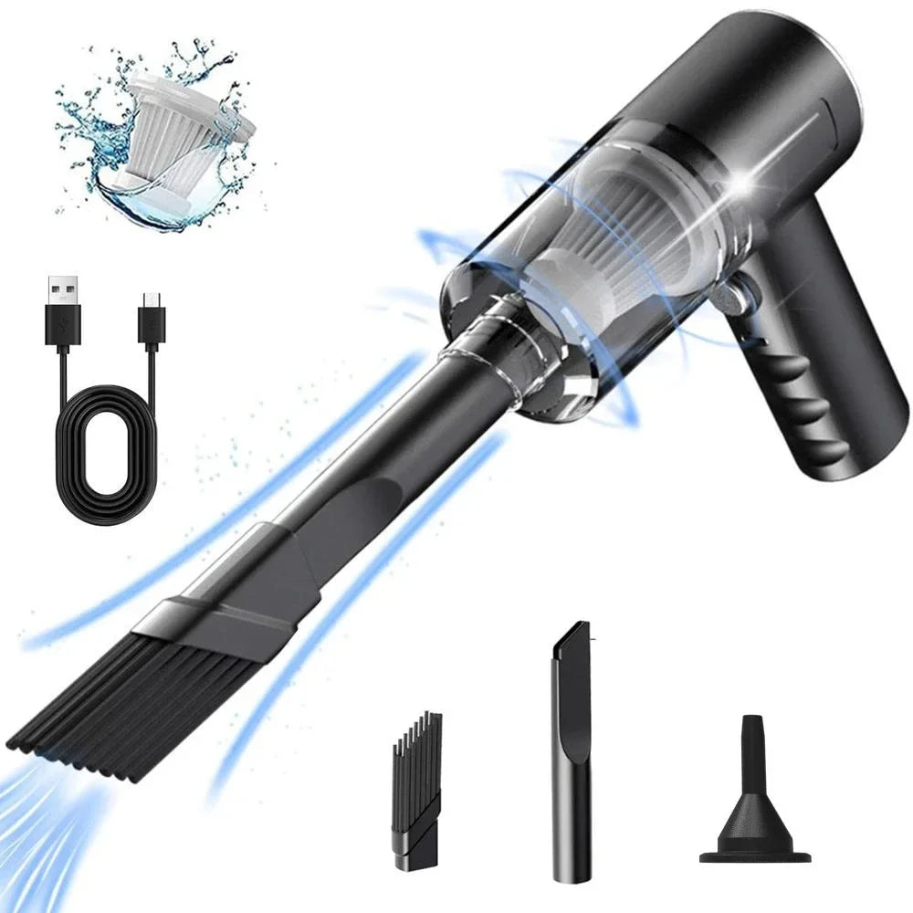 Veltora 9000Pa wireless car vacuum cleaner with USB charging, compact wet and dry portable cleaning device.