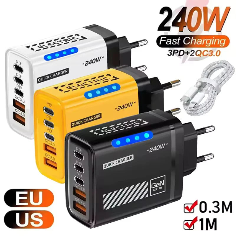 Veltora 5-in-1 GaN desktop charger with multiple USB-C ports, charging iPhone 17, Samsung, and laptops with fast 240W power.