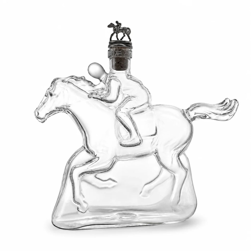 Veltora racing horse jockey crystal glass decanter with whiskey storage, bar decor, and premium liquor bottle for men.