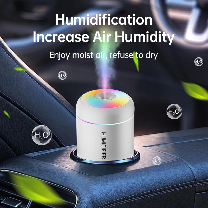 Veltora 180ML mini USB air humidifier with LED lights, aroma diffuser for home, car, and bedroom use, emits mist and essential oils.
