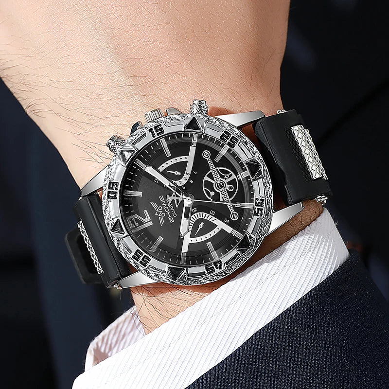 Veltora men's fashion Arabic dial quartz wristwatch with silicone strap, paired with a matching necklace in a 4-piece set.