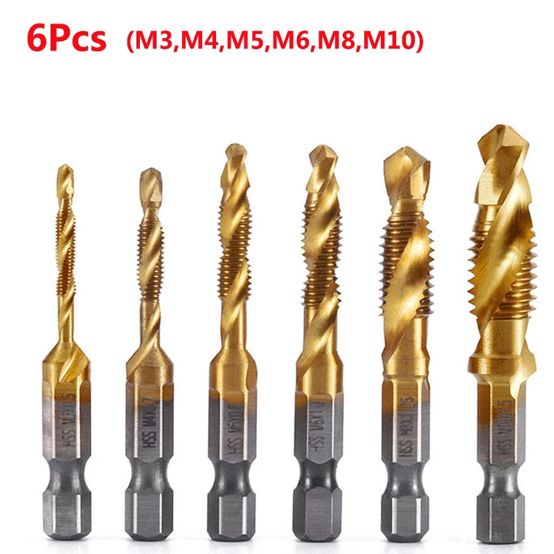 Veltora titanium plated HSS screw thread metric tap drill bits with hex shank for M3 to M10 screw machining and hand tools.