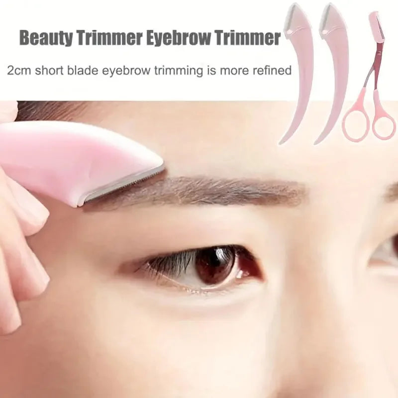 Veltora eyebrow trimmer set with curved razor, scissors, and comb for precise eyebrow shaping and grooming.