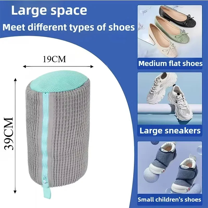 Veltora reusable shoe washing machine bag with sneaker and tennis shoe inside for gentle cleaning and stain removal.