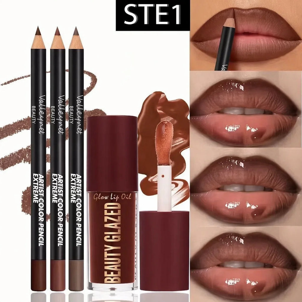 Veltora 4-piece lip kit set with three lip liners and one lip glaze, waterproof, long-lasting matte finish, suitable for casual and formal wear.