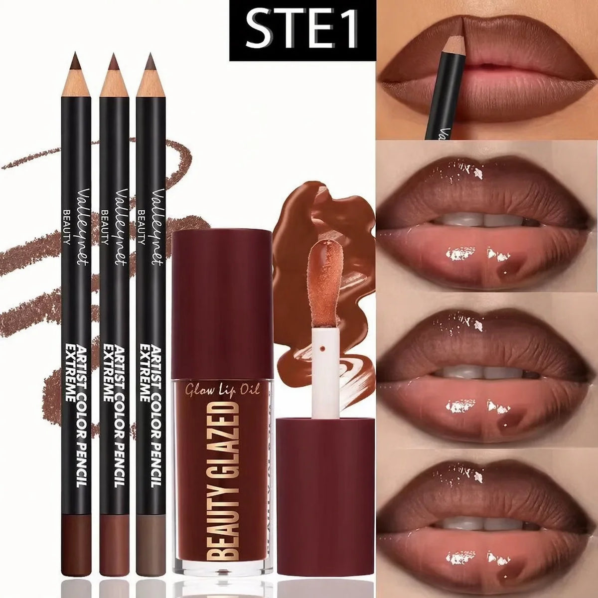 Veltora 4-piece lip kit set with three lip liners and one lip glaze, waterproof, long-lasting matte finish, suitable for casual and formal wear.