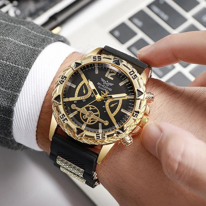 Veltora men's fashion Arabic dial quartz wristwatch with silicone strap, shown with matching necklace in set, casual style.
