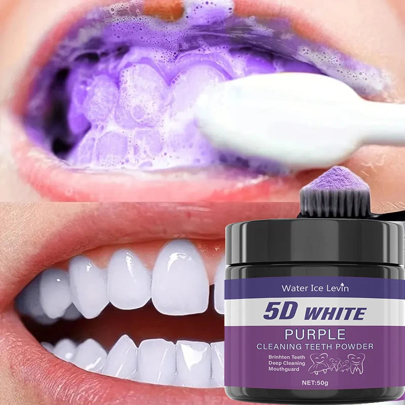 Veltora purple tooth cleaning powder in a container, showing deep cleaning and whitening benefits for daily use and travel.