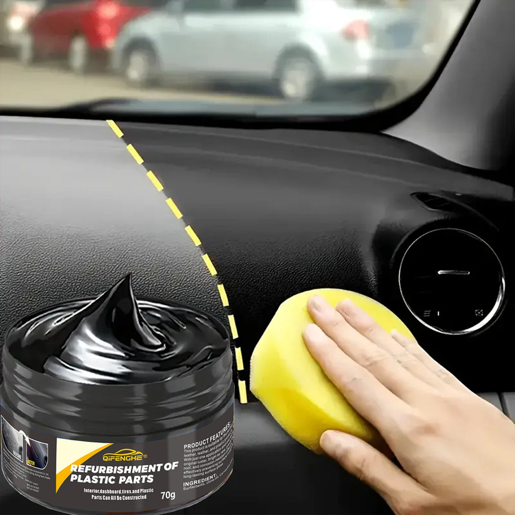 Veltora automotive plastic repair agent and polishing wax for interior and exterior plastics, scratches, and tires.