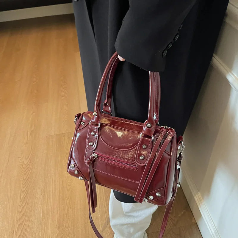 Veltora fashion rivets large capacity pillow bag with shoulder strap, European and American style bowling motorcycle handbag for women