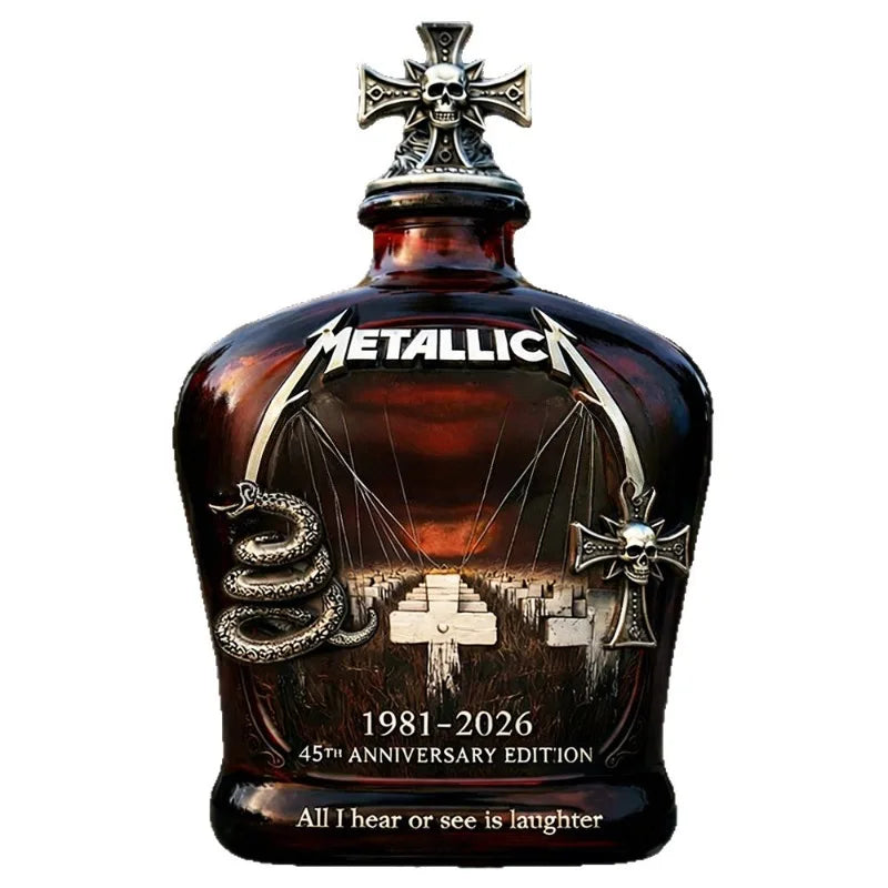 Veltora Metallica 45th Anniversary whiskey decanter with skull cross design, collectible glass bottle for rock band fans.