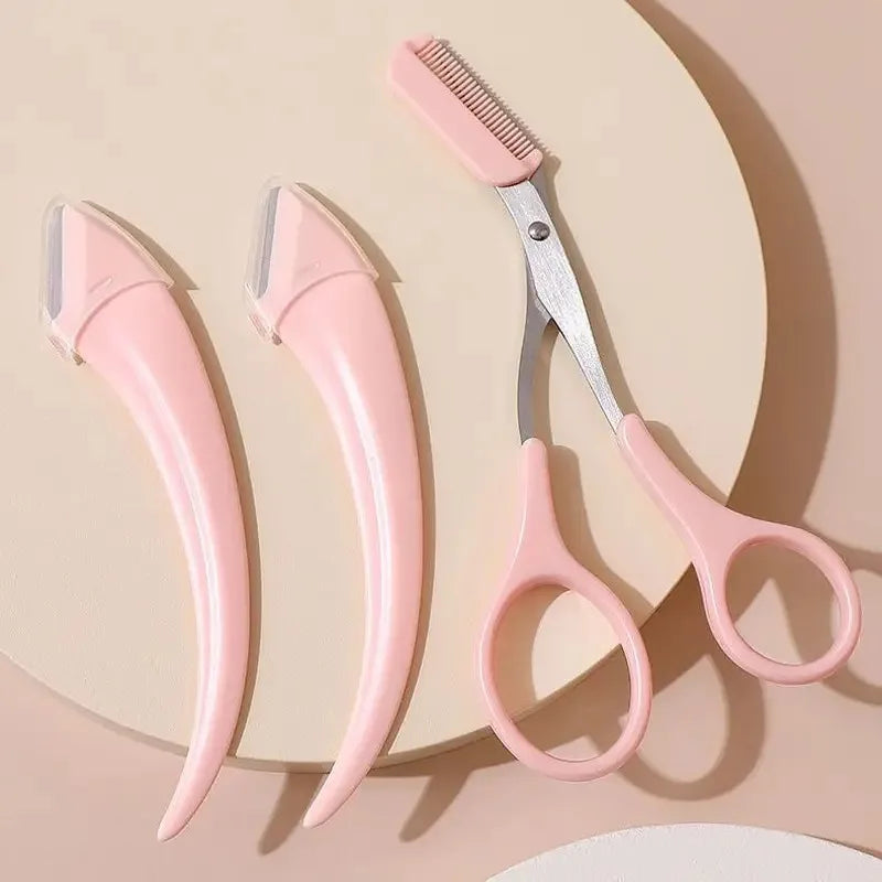 Veltora eyebrow trimmer set with curved razor, scissors, and comb for precise eyebrow grooming and shaping.
