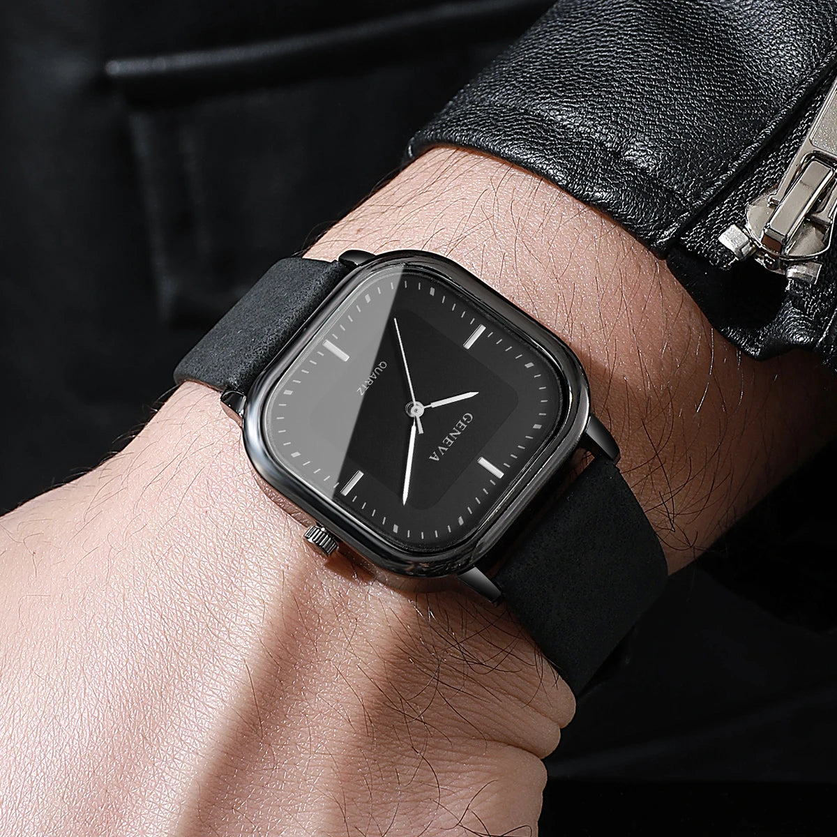 Veltora men's minimalist square dial quartz wristwatch with casual leather strap, simple design, and no box.