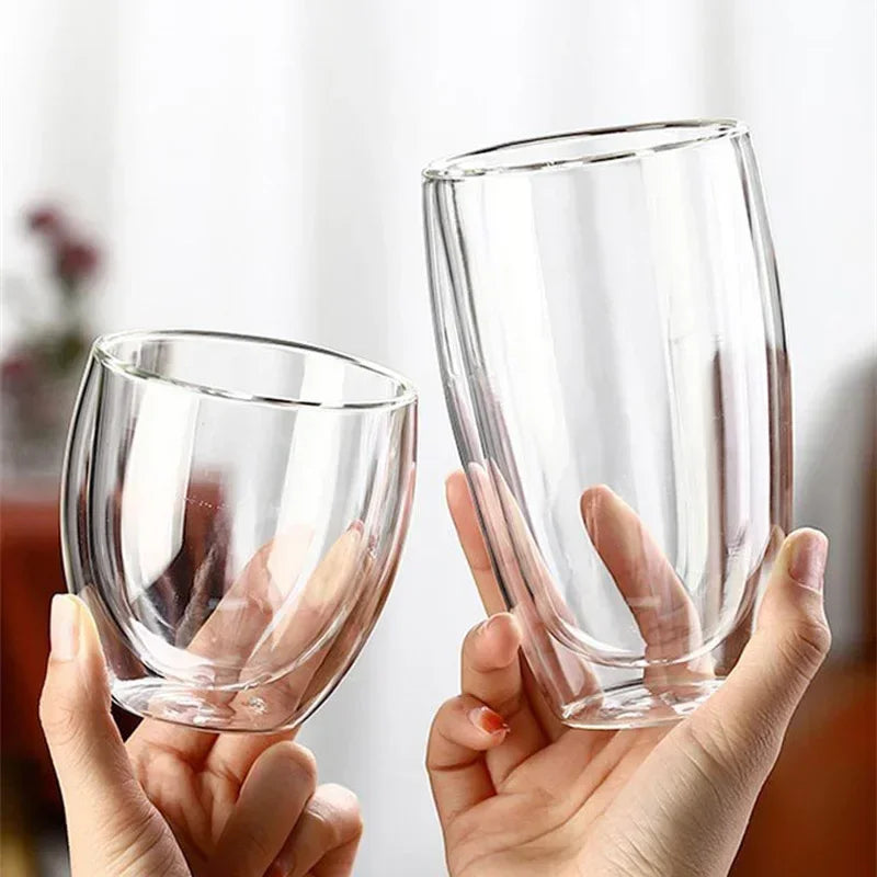 Veltora double wall insulated glass cup in clear, espresso size, ideal for coffee, tea, milk, or whiskey with a handmade design.
