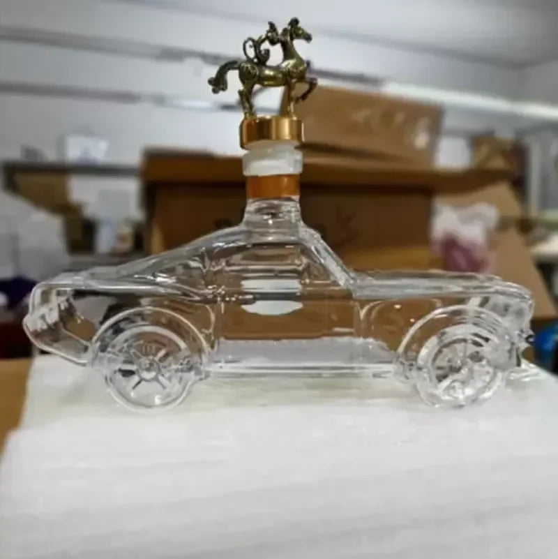 Veltora police car whiskey bottle shaped glass, novelty bar decor featuring a detailed police car design for collectible display.