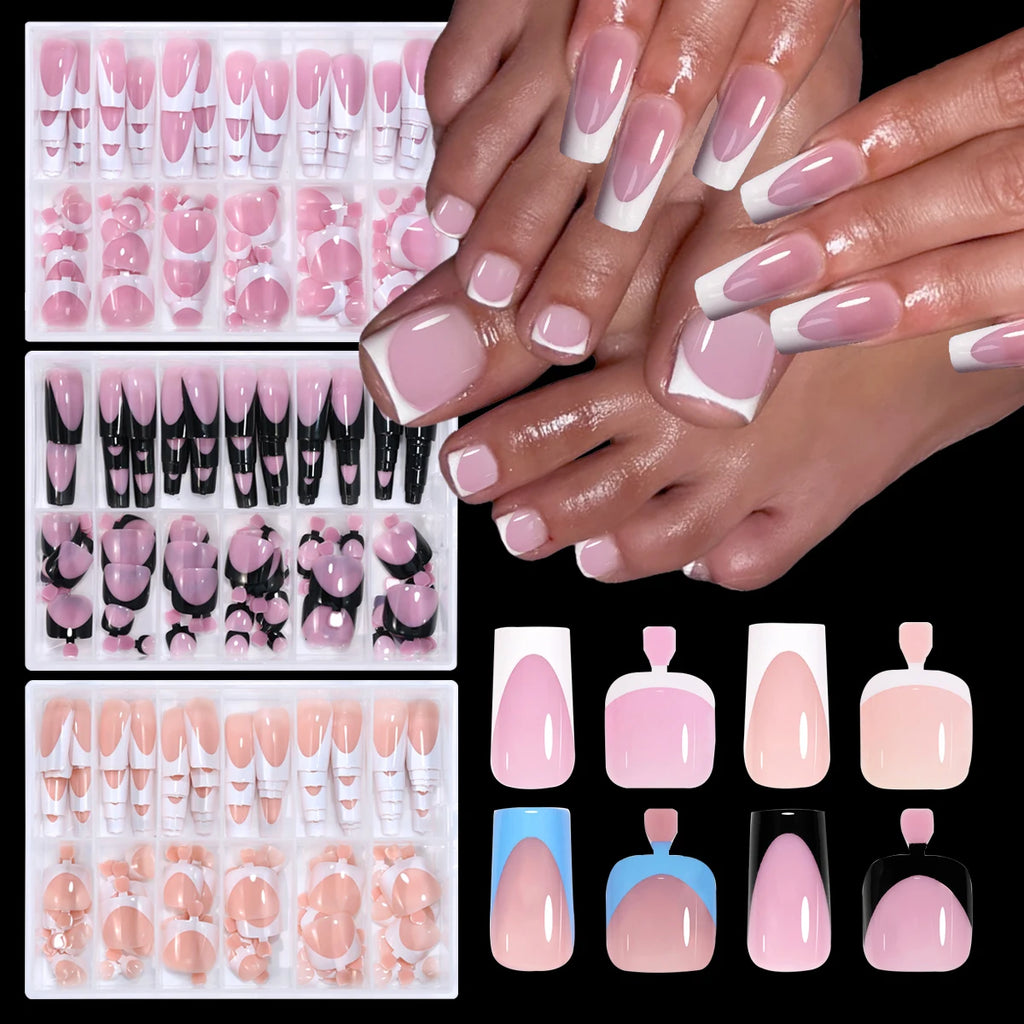 Veltora 144pcs French black pink short square false acrylic nails set for hand and foot nail art, press-on full cover false nails