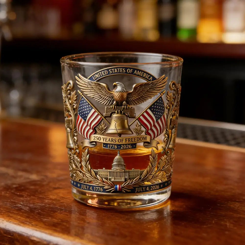 Veltora America 250th Anniversary whiskey glass with patriotic eagle design, hand-blown glassware with rotating cup feature