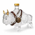 Veltora bison-shaped whiskey decanter with buffalo glass bottle, golden horn leather strap, Western farm style spirit dispenser