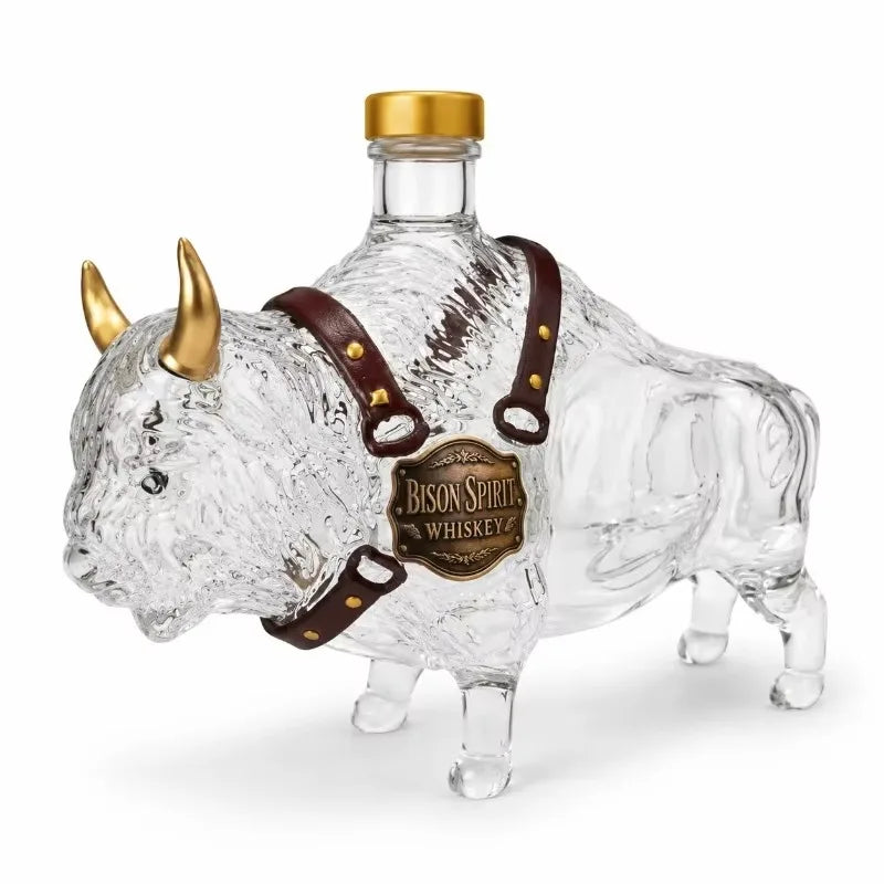 Veltora bison-shaped whiskey decanter with buffalo glass bottle, golden horn leather strap, Western farm style spirit dispenser