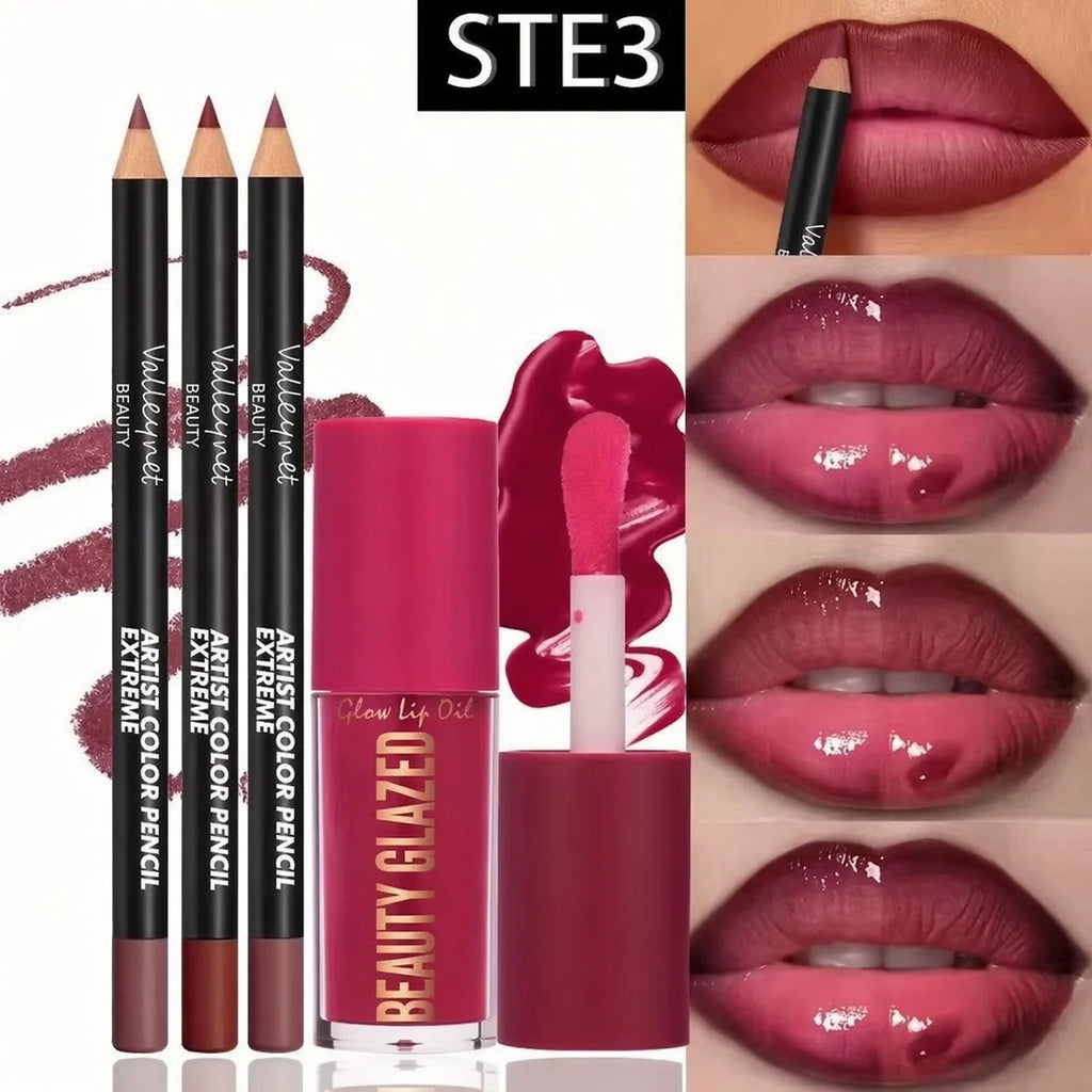 Veltora 4-piece lip kit set with three lip liners and one lip glaze, waterproof, long-lasting matte finish, suitable for casual and formal wear.