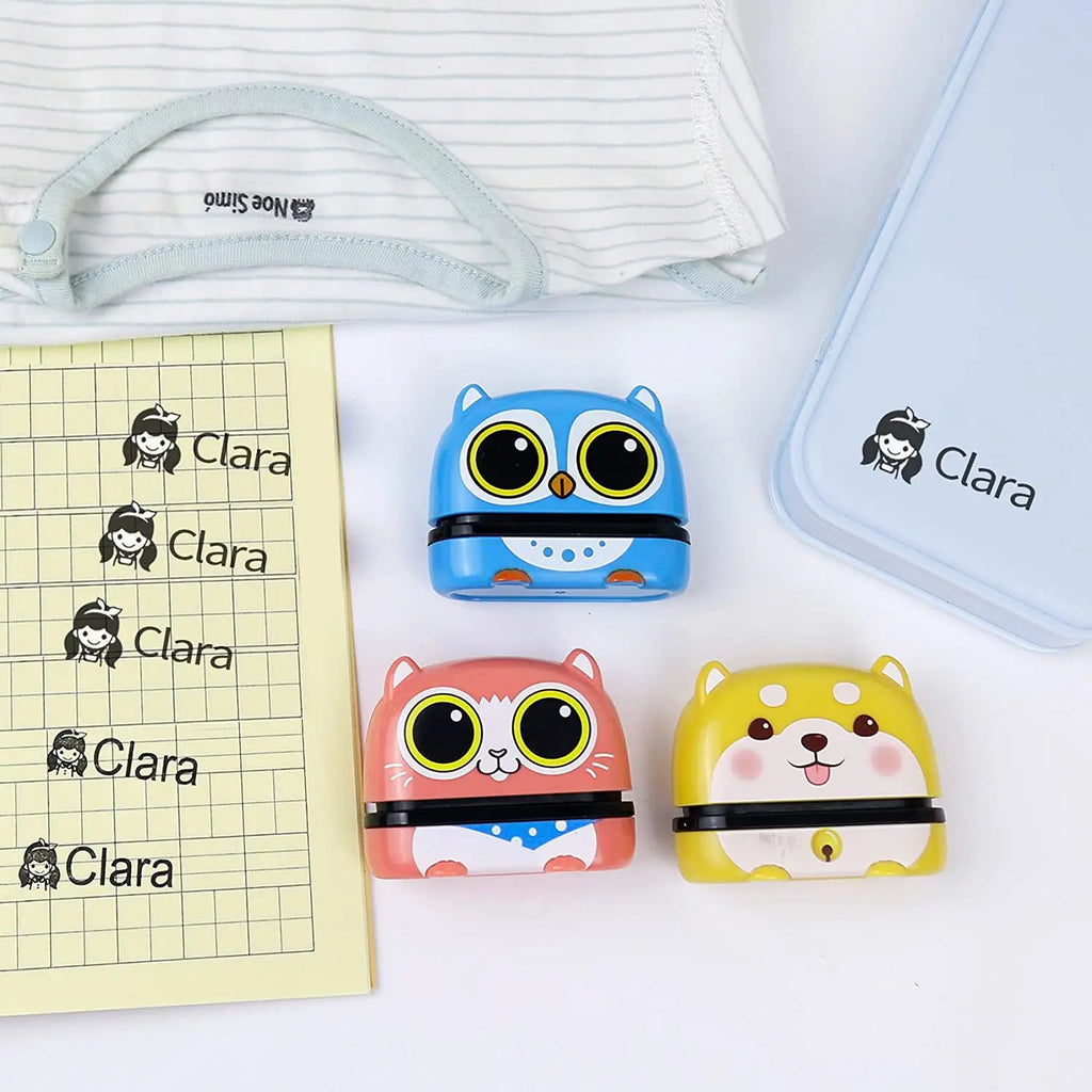 Veltora custom children's travel stamp set with waterproof ink, featuring colorful school and kindergarten-themed stamps on a white background.