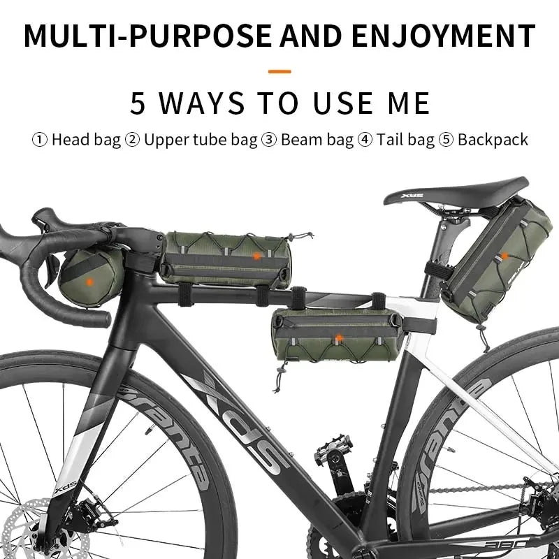 Veltora waterproof road bicycle handlebar bag mounted on an MTB, showing its compact, multifunctional design for outdoor cycling.