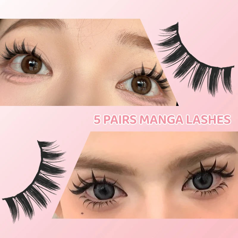 Veltora DINGSEN 5 pairs manga-style soft natural long false eyelashes, wispy strip lashes for anime-inspired makeup looks