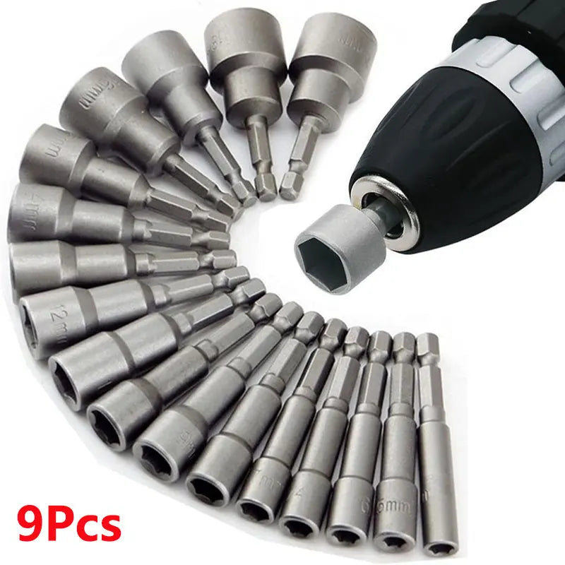 Veltora 9-piece set of hex socket sleeve nozzles and screwdriver bits for nut drivers and socket wrenches, assorted sizes shown.