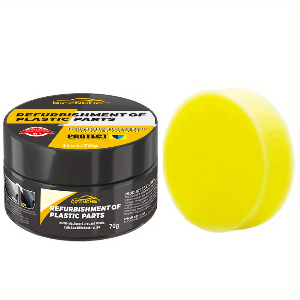 Veltora automotive plastic repair agent and polishing wax for interior and exterior plastics, tires, and scratch repair.