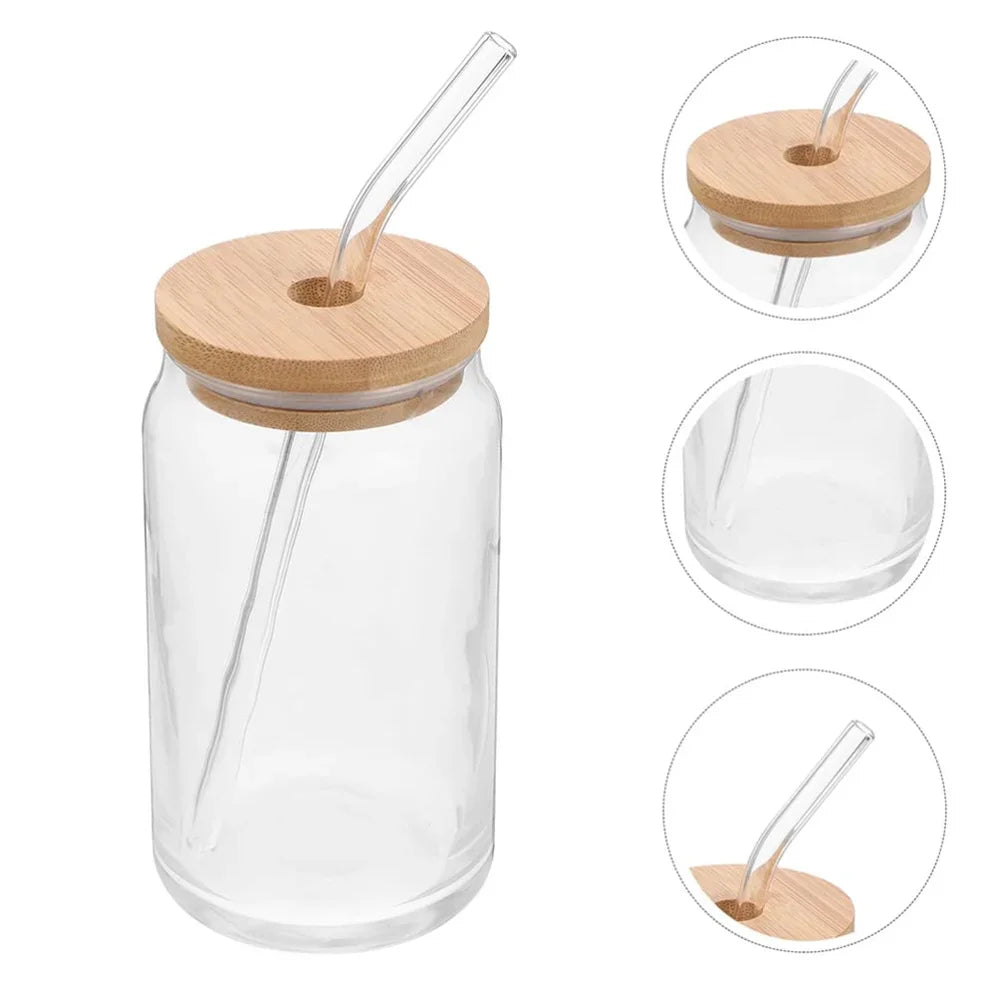 Veltora glass cup with bamboo lid and straw, 350ml/550ml mason jar style for coffee, juice, or cocktails, beer can shape.