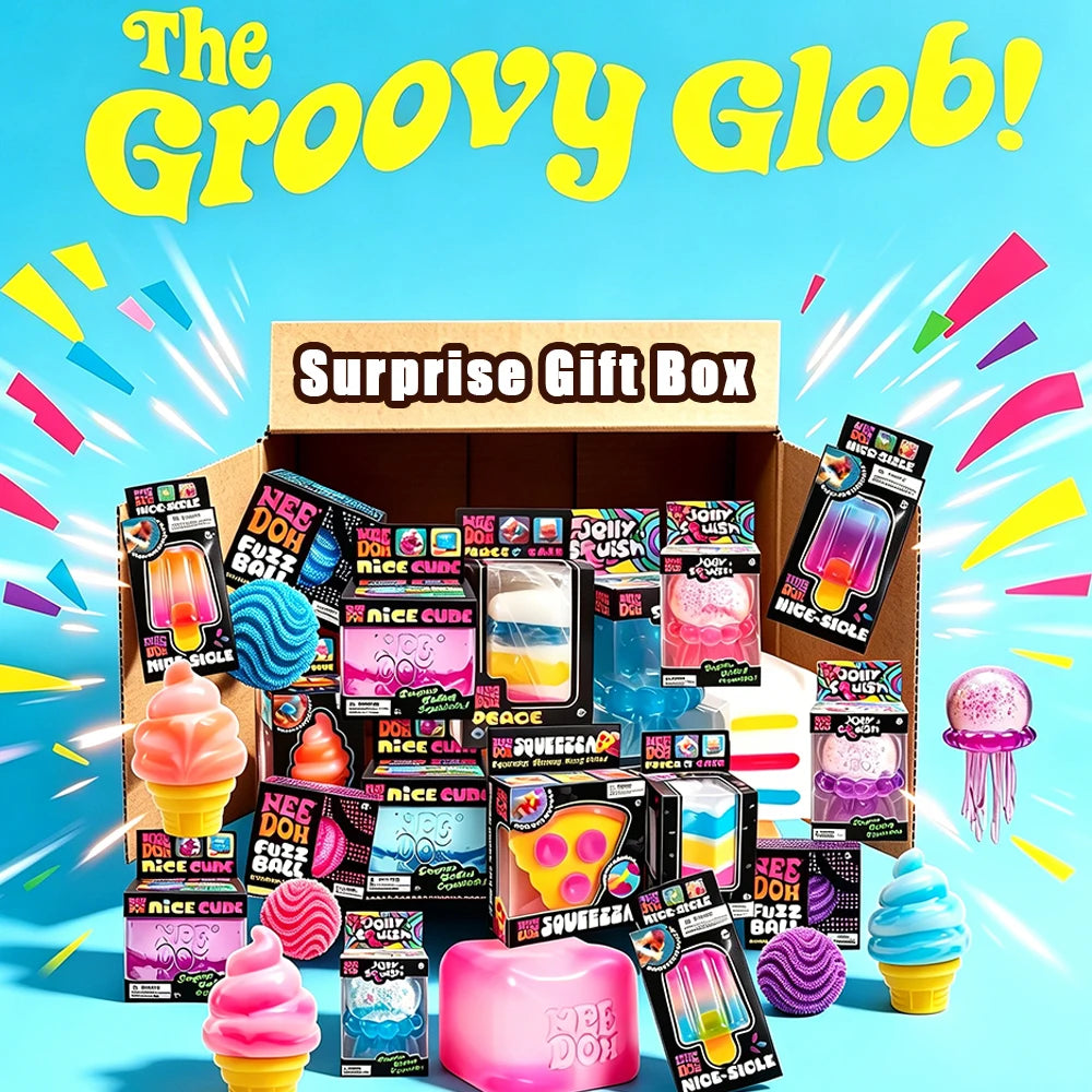 Veltora 2026 NeeDoh Schylling squishy stress relief toy in mystery blind box, slow-rising fingertip toy for ADHD and anxiety relief.