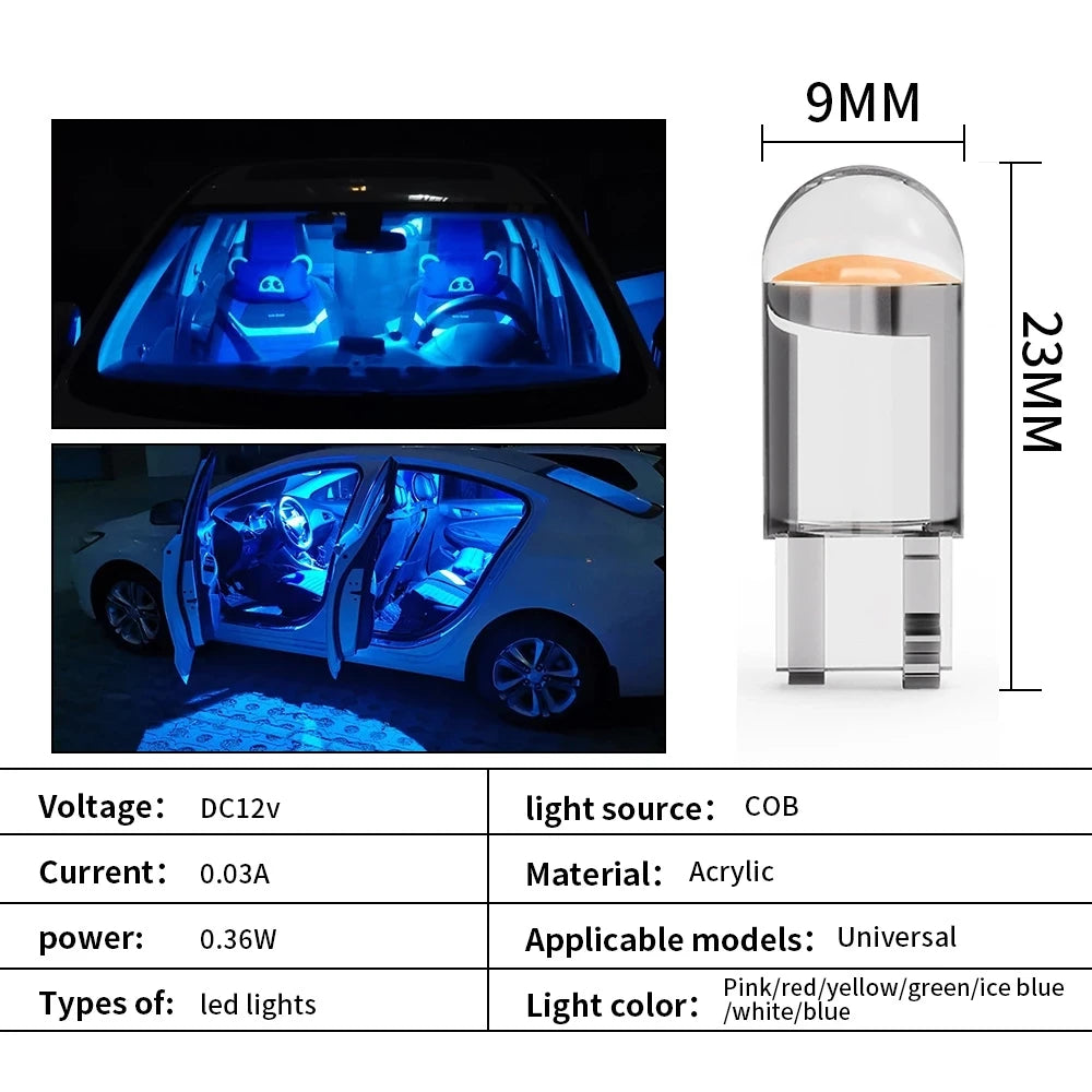 Veltora 10X W5W LED T10 car interior bulbs in white, ice blue, and yellow for license plates, dome, and read lights on 12V vehicles