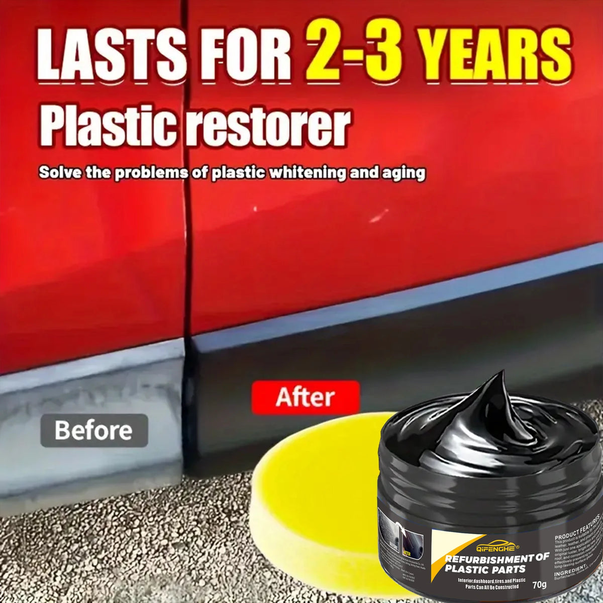 Veltora automotive plastic repair agent and polishing wax for interior and exterior plastic, scratch repair, and tire anti-aging.