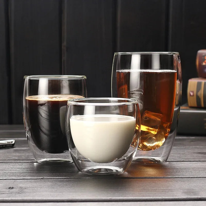 Veltora double wall insulated glass cup in clear, espresso size for coffee, tea, or milk, handmade drinkware with a stylish design.