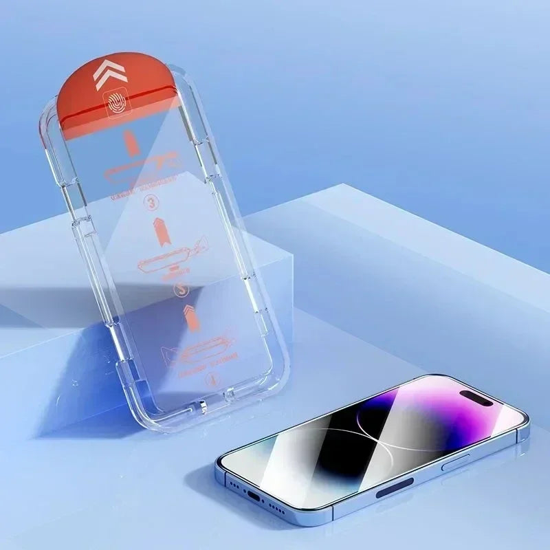 Veltora oleophobic coating dust-free screen protector for iPhone models including 14, 13, 12, 11, XR, XS, and Plus series, easy to install.